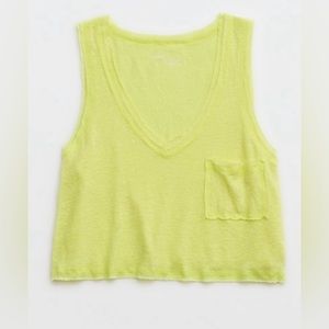Aerie Breezy Linen V-neck Pocket Tank Top in Lemon Lime Infusion, size XL